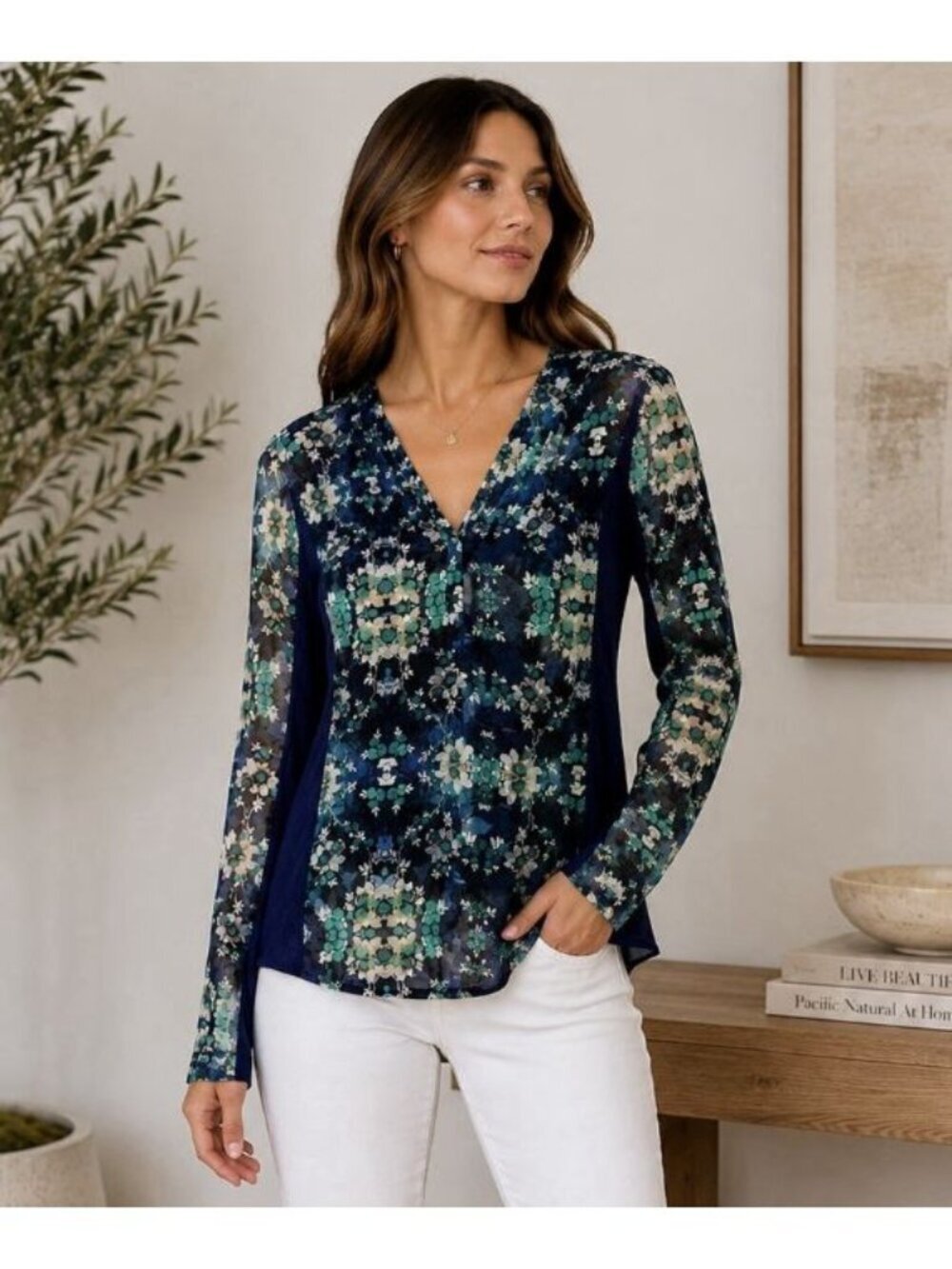 NWT Nanette Lepore XS 100% Silk Blue Floral Tunic Long Sleeve Popover Top Vneck